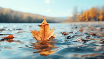 AI generated Autumn leaf falling, nature beauty reflects on tranquil pond generated by AI photo