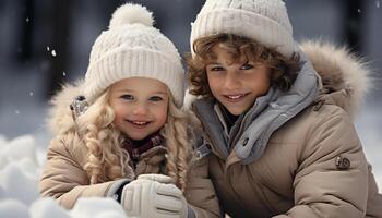 AI generated Smiling children playing, embracing, bonding, outdoors, in winter joy generated by AI photo