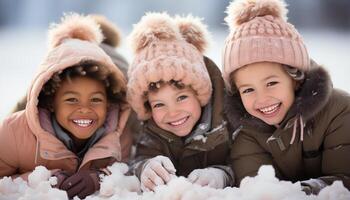 AI generated Smiling winter child, cheerful happiness in snow, warm clothing outdoors generated by AI photo