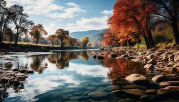 AI generated Tranquil autumn landscape  tree reflects in serene mountain pond generated by AI photo