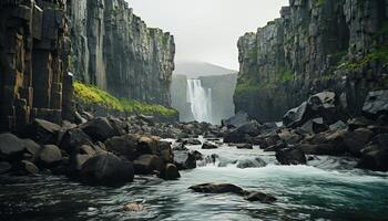 AI generated Majestic mountain waterfall flows over rocky cliff, nature beauty generated by AI photo