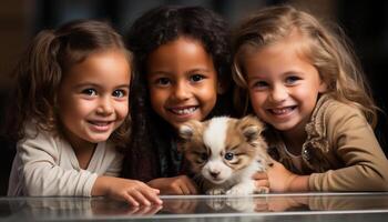 ai generado sonriente linda muchachas y Niños, mascotas, felicidad, amistad, alegre amor generado por ai foto