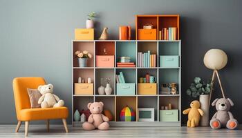 ai generado acogedor vivo habitación con linda osito de peluche oso en estante para libros generado por ai foto