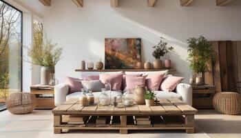 AI generated Modern, elegant apartment with bright, comfortable living room decor generated by AI photo