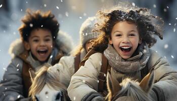 ai generado sonriente niños jugando en el nieve, disfrutando invierno al aire libre generado por ai foto