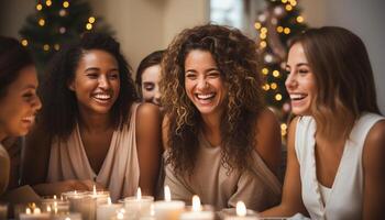 ai generado sonriente mujer celebrar felicidad, amistad, y unión adentro a noche generado por ai foto