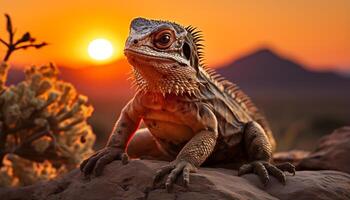 AI generated Lizard scales reflect sunset beauty, nature cute, wild, orange generated by AI photo