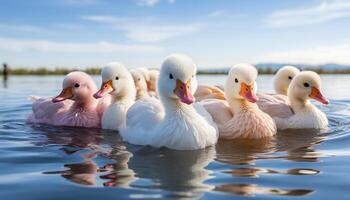 AI generated Cute duckling quacking, surrounded by colorful animals in the wild generated by AI photo