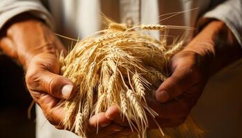 AI generated Farm worker holding ripe wheat, harvesting nature organic growth generated by AI photo