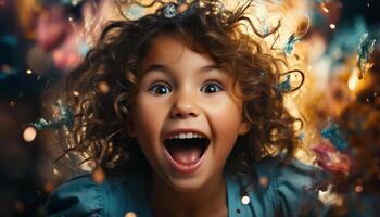 ai generado sonriente niño, alegre y lindo, disfrutando Navidad árbol celebracion generado por ai foto