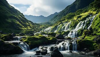 AI generated Majestic mountain peak, green meadow, tranquil waterfall, falling autumn leaves generated by AI photo