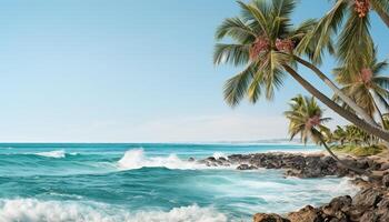 ai generado idílico tropical línea costera, azul aguas, palma árboles, sereno relajación generado por ai foto