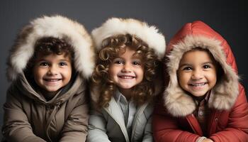 ai generado sonriente niño, linda y alegre, felicidad en invierno divertido generado por ai foto