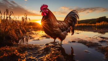 ai generado puesta de sol terminado un rural granja, un gallo canto a amanecer generado por ai foto