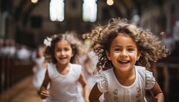 ai generado sonriente niño, felicidad, alegre chicas, linda divertido, juguetón Niños generado por ai foto