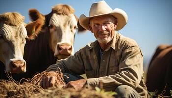 AI generated Smiling senior farmer in nature, holding cow, looking at camera generated by AI photo