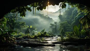 AI generated Tranquil tropical rainforest  green leaves, fog, reflection in pond generated by AI photo