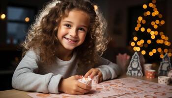 AI generated Smiling girl, cute and cheerful, playing indoors with Christmas lights generated by AI photo