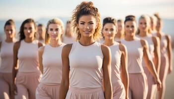AI generated Smiling women standing together, cheerful and confident, in a row generated by AI photo