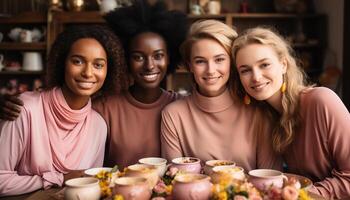 AI generated Smiling women bond, enjoy friendship, and celebrate together indoors generated by AI photo