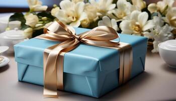 AI generated A blue gift box wrapped in elegant yellow wrapping paper generated by AI photo