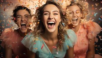 AI generated Joyful friends celebrate, laughing and dancing in a confetti filled party generated by AI photo