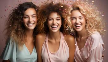 AI generated Smiling women enjoy cheerful party, beauty and togetherness indoors generated by AI photo