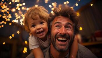 AI generated A cheerful father and son, bonding in illuminated winter celebration generated by AI photo