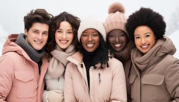 ai generado sonriente mujer en invierno, alegre felicidad, amistad, mirando a cámara generado por ai foto