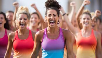 AI generated Smiling women cheering, celebrating success, bonding in healthy competition generated by AI photo