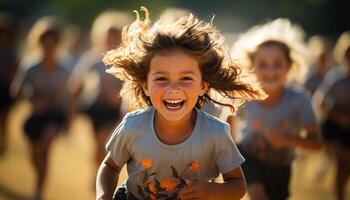 AI generated Smiling children playing in nature, carefree and full of joy generated by AI photo