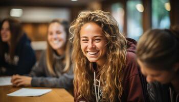 AI generated Young women studying together, smiling and enjoying their education generated by AI photo