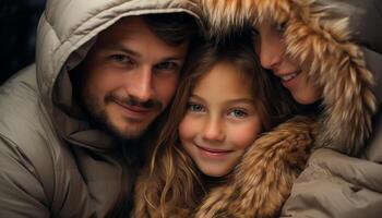 AI generated Smiling family embraces winter, love and happiness in portrait generated by AI photo