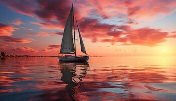 ai generado velero navegación en tranquilo agua, puesta de sol pinturas naturaleza belleza generado por ai foto