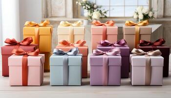 AI generated A stack of wrapped gift boxes, colorful and shiny generated by AI photo