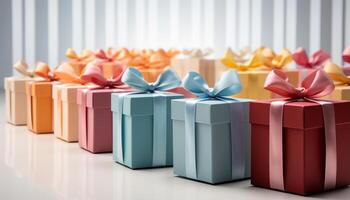 AI generated A stack of wrapped gift boxes in various colors generated by AI photo