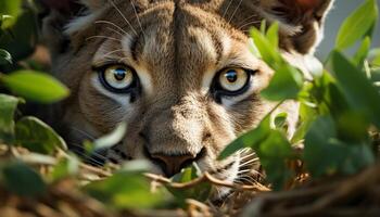 ai generado linda joven felino mirando a cámara en el salvaje generado por ai foto