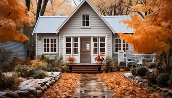 AI generated Autumn wood, nature season, tree leaf, rural scene, pumpkin cottage generated by AI photo