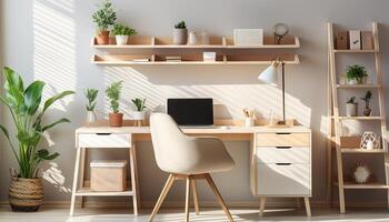 ai generado moderno oficina diseño con madera mesa, silla, y computadora tecnología generado por ai foto