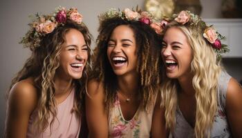 ai generado sonriente mujer disfrutar alegre amistad, risa, y verano divertido generado por ai foto