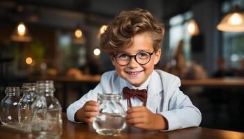 ai generado sonriente Niños participación beber, mirando a cámara, disfrutando interior celebracion generado por ai foto