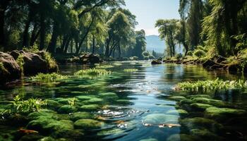 AI generated The green forest reflects its beauty in tranquil pond water generated by AI photo