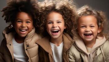 ai generado sonriente niños, linda y alegre, disfrutando juguetón unión generado por ai foto