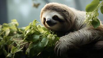 ai generado linda lémur comiendo hoja en rama en verde selva generado por ai foto