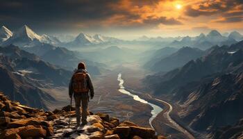 AI generated Men hiking mountain peaks, exploring nature beauty, finding freedom and success generated by AI photo