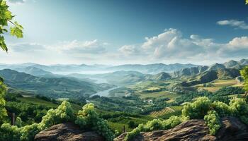 AI generated Tranquil scene  mountain peak, green meadow, blue sky, peaceful nature generated by AI photo