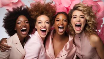 AI generated Smiling women celebrate, laughing and shouting, pure joy and excitement generated by AI photo