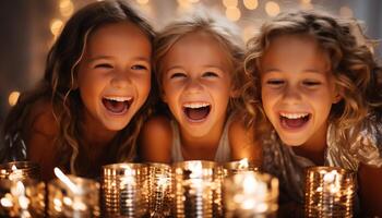 AI generated Smiling girls enjoy cheerful celebration, bonding in glowing Christmas party generated by AI photo