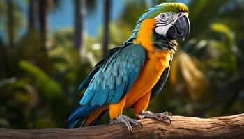 ai generado un hermosa azul y oro guacamayo encaramado en el selva generado por ai foto