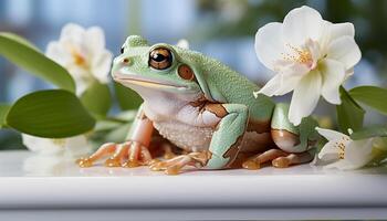 AI generated Cute toad sitting on flower, looking at camera in nature generated by AI photo